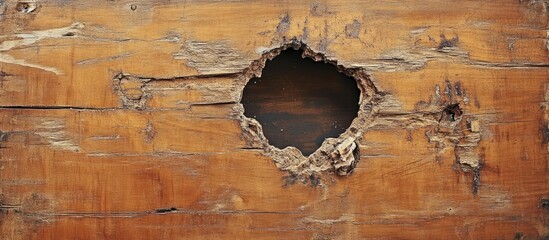 Wall Mural - Weathered brown plywood door featuring a prominent crack and hole highlighting rustic texture and aged character in a vintage setting