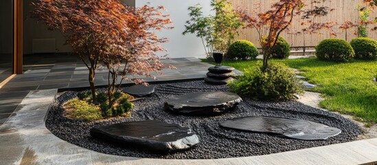 Aufkleber - Serene zen garden design featuring smooth black stones harmonizing with lush greenery and tranquil landscaping elements