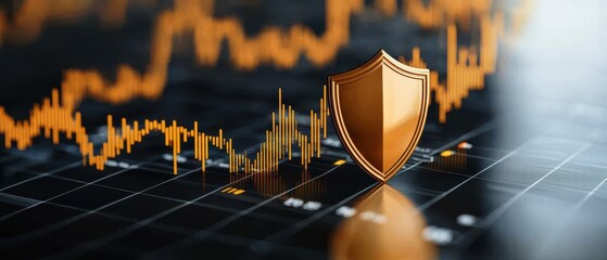 Poster - A shield icon stands prominently in front of a fluctuating line graph, symbolizing security and protection in financial markets.