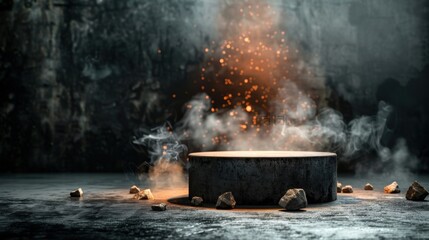Poster - Explosive eruption of sparks and smoke industrial site abstract art dark environment close-up energy concept