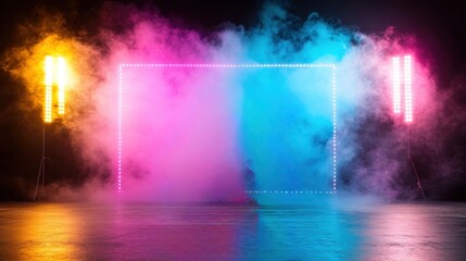 Poster - A vibrant stage setup featuring colorful lights and mist, creating a dynamic atmosphere perfect for events or performances.