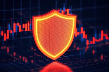 Poster - A glowing shield icon overlaid on a digital financial graph, symbolizing cybersecurity and protection in a technological environment.