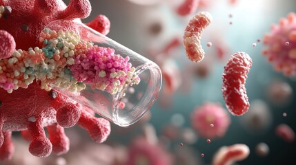Poster - A vibrant depiction of viruses and bacteria emerging from a laboratory glass, highlighting microscopic life and scientific exploration.
