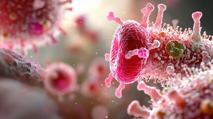 Poster - A vibrant microscopic view of virus particles, showcasing intricate details and structures, highlighting the complexity of viral biology and interactions.