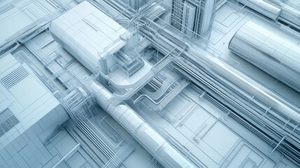 Poster - 3D architectural illustration of a ventilation system blueprint, featuring detailed air flow pathways for optimized building ventilation design