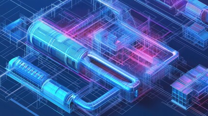 Poster - A 3D blueprint illustration of an architectural ventilation system design, showcasing complex engineering details for building air flow management