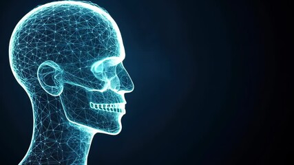 Poster - Futuristic Digital Human Portrait with Neon Lines and Geometric Patterns
