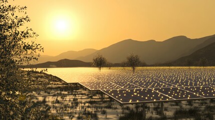 Poster - A clean energy concept, showing solar cells in a solar farm, producing renewable energy to combat climate change and promote sustainability