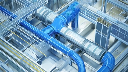 Poster - A detailed 3D illustration of an architectural blueprint for a ventilation system, highlighting air flow management and engineering precision for buildings