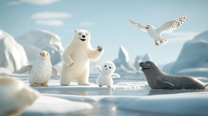 Wall Mural - adorable cartoon polar bear, penguins, seal, and seagull on arctic ice floes.