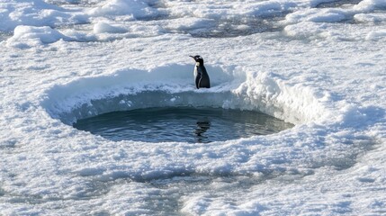 Wall Mural - emperor penguin perched in a hole in the ice, reflecting in the water below.