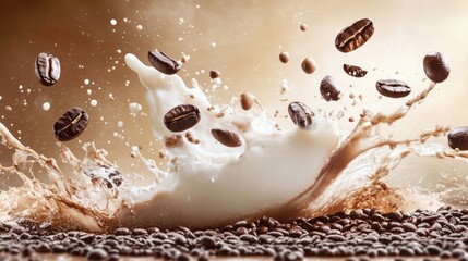 Poster - A dynamic splash of coffee beans and cream combining in mid-air, showcasing the lively motion of the ingredients mixing