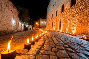 A mysterious masquerade festival at night, with glowing masks and flickering torches lighting up a stone courtyard