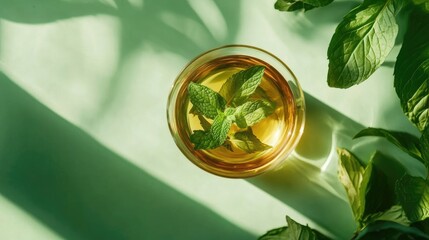 Poster - A glass of green tea with mint leaves, placed on a lush green background, representing freshness and relaxation during a summer afternoon