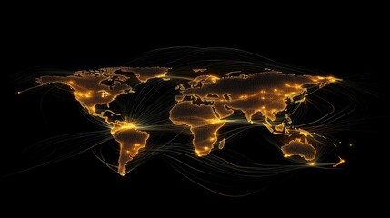 Poster - A glowing world map with flowing digital data processing lines, symbolizing global connectivity and information flow on a black background