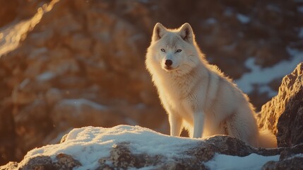 Wall Mural - white arctic wolf sitting on snowy rocks at sunset.