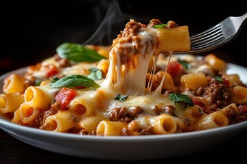 Wall Mural - Fork lifting steaming hot meaty and cheesy pasta with melted mozzarella and basil