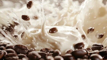Poster - A lively splash of coffee beans and cream in motion, frozen in time as they combine in a vibrant and dynamic scene