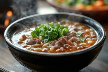 Wall Mural - Steaming hot bowl of lagman noodle soup with beef and cilantro