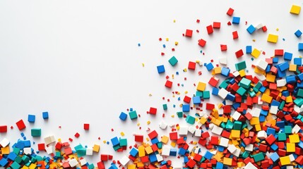 Poster - A messy pile of colorful, differently-shaped blocks scattered on a white surface, with open white space in the middle for customizable design elements