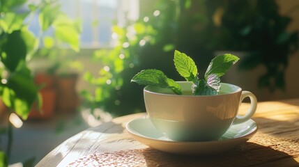 Poster - A refreshing cup of green tea with mint leaves, set against a serene green summer backdrop, promoting wellness and relaxation
