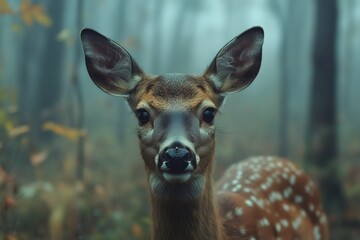 Wall Mural - white-tailed deer fawn looking at camera in foggy forest