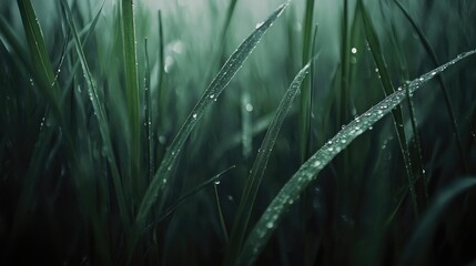 Poster - A serene shot of green grass with dew drops glistening on the blades, offering a refreshing, nature-inspired look for environmental content