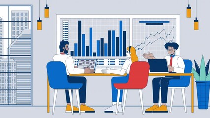 Poster - Strategy discussion cartoon animation. Corporate teamwork collaboration 4K video 2D motion graphic. Diverse office workers group conversation business animated characters on charts graphs background
