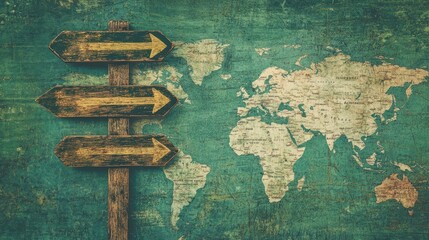 Poster - A symbolic road sign with global navigation pointers, placed over a world map with a green backdrop, representing international travel