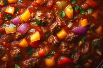 Wall Mural - Delicious goulash soup with beef and vegetables garnished with parsley