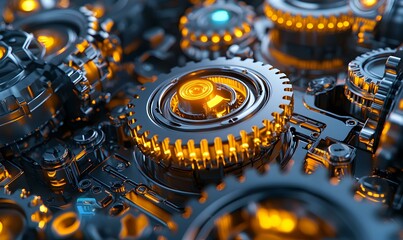 Poster - Detailed Close-Up of Gears in a High-Tech Industrial Setting