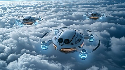 Poster - Group of Advanced Combat Drones Flying Above Layered Clouds