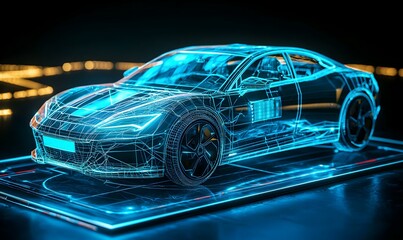 Poster - Futuristic Wireframe Car Design with Neon Blue Accents