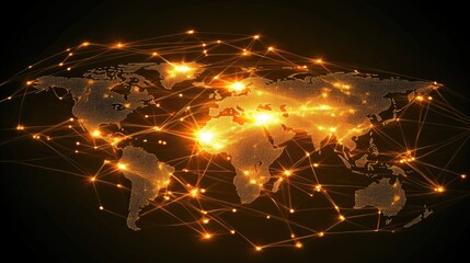 Poster - Abstract digital data processing with glowing connections and a world map, depicting a network of global information on a dark background