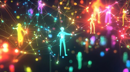 Poster - Abstract representation of colorful figures connected by glowing lines, illustrating social media networks, interaction, and connectivity