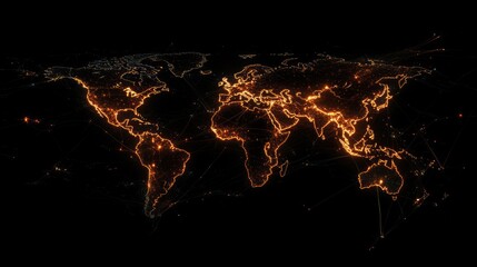 Poster - Abstract world map on a black background, with digital data streams and glowing connections symbolizing global network processing