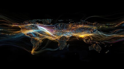 Poster - Abstract world map on a black background, with digital data streams and glowing connections symbolizing global network processing