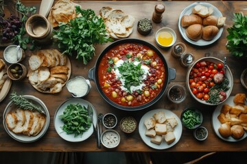 Wall Mural - Delicious homemade vegetarian meal sharing with family and friends enjoying mediterranean food