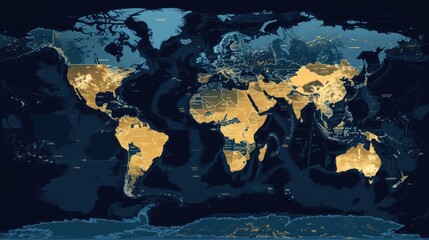 Poster - Blue world map with high-definition country outlines, designed as a template for business annual reports, global tourism, and economic presentations