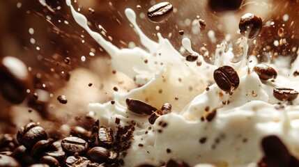 Poster - Coffee beans and cream splashing together in motion, creating a dynamic and flavorful visual of the perfect coffee mix