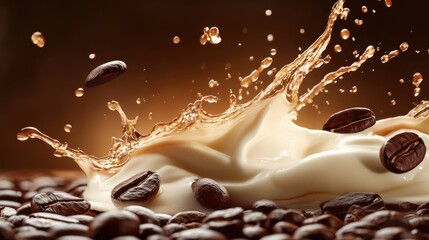 Poster - Coffee beans and cream splashing together in motion, creating a dynamic and flavorful visual of the perfect coffee mix