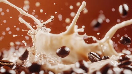 Poster - Coffee beans and cream splashing together in motion, creating a dynamic and flavorful visual of the perfect coffee mix
