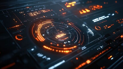 Poster - Data processing concept with digital scopes and glowing binary code, representing technology and networks against a dark backdrop