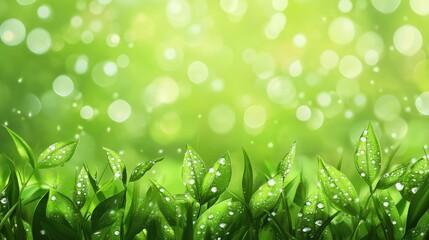 Poster - Dew-covered grass leaves with a blurred green background, symbolizing nature, freshness, and sustainability for eco-themed visuals