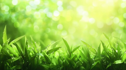 Poster - Dew-covered grass leaves with a blurred green background, symbolizing nature, freshness, and sustainability for eco-themed visuals