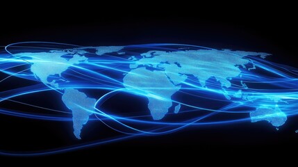 Poster - Digital data flow and processing lines overlaid on a glowing world map, creating a futuristic concept of global information exchange
