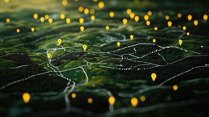 Poster - Digital map of rural areas with yellow location pins and white lines, providing an overview of significant destinations or paths across the countryside