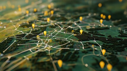 Poster - Digital map of the countryside with yellow pins and white connecting lines, showing key locations and pathways in an easy-to-read style