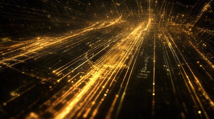 Poster - Digital processing data flowing in a network, highlighted by glowing lines and scope, on a dark abstract background