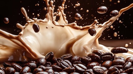 Poster - Dynamic splash of coffee beans and cream, captured in motion as they mix together in an energetic, high-quality image